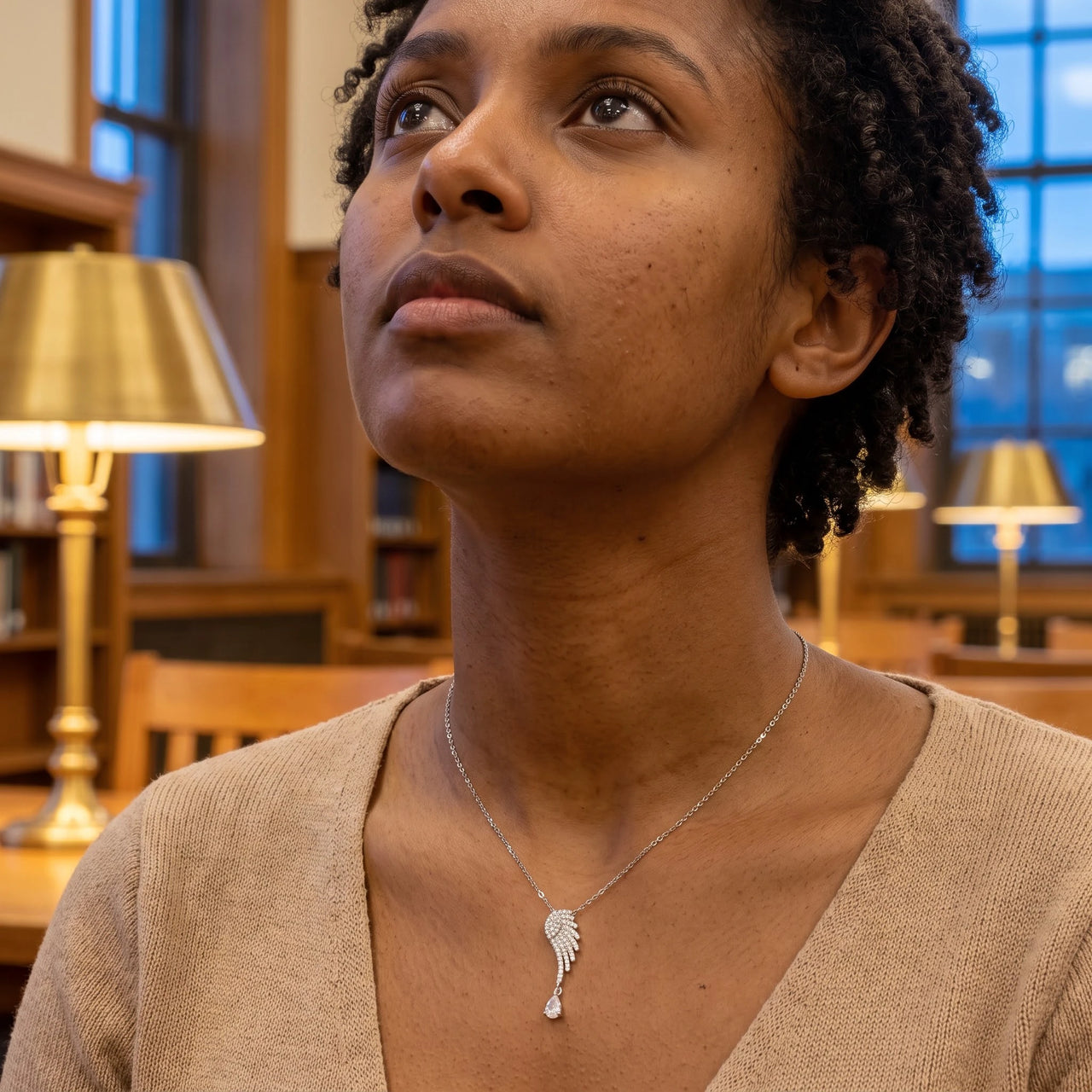 The silver necklace worn, close view | SKU: 42005-silver