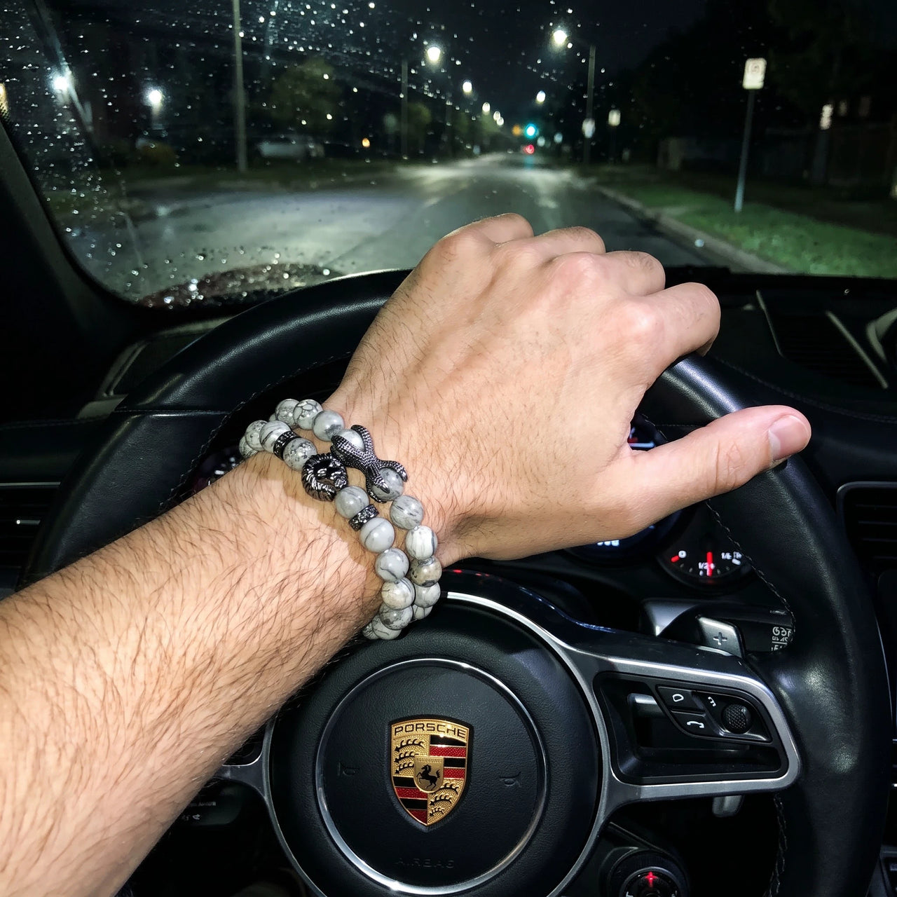 Black Lion & Grey Stones Set – worn at the steering wheel of a luxury car | Brother & Sisters | SKU: 21039839SET-gun-black-XS-14-15, 21039839SET-gun-black-S-16-17, 21039839SET-gun-black-M-18-19, 21039839SET-gun-black-L-20-21, 21039839SET-gun-black-XL-22-23
