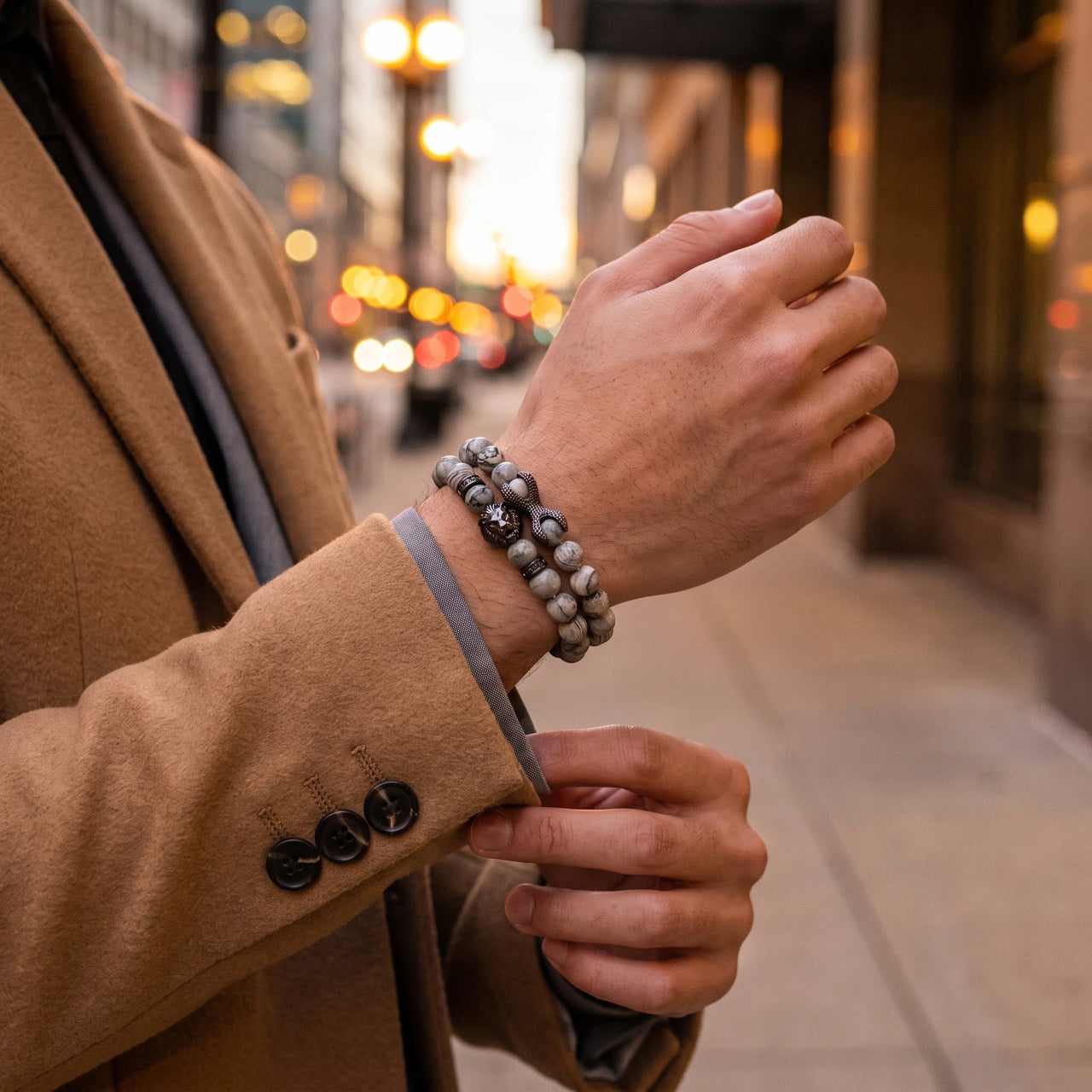 Black Lion & Grey Stones Set – worn with a shirt cuff | Brother & Sisters | SKU: 21039839SET-gun-black-XS-14-15, 21039839SET-gun-black-S-16-17, 21039839SET-gun-black-M-18-19, 21039839SET-gun-black-L-20-21, 21039839SET-gun-black-XL-22-23
