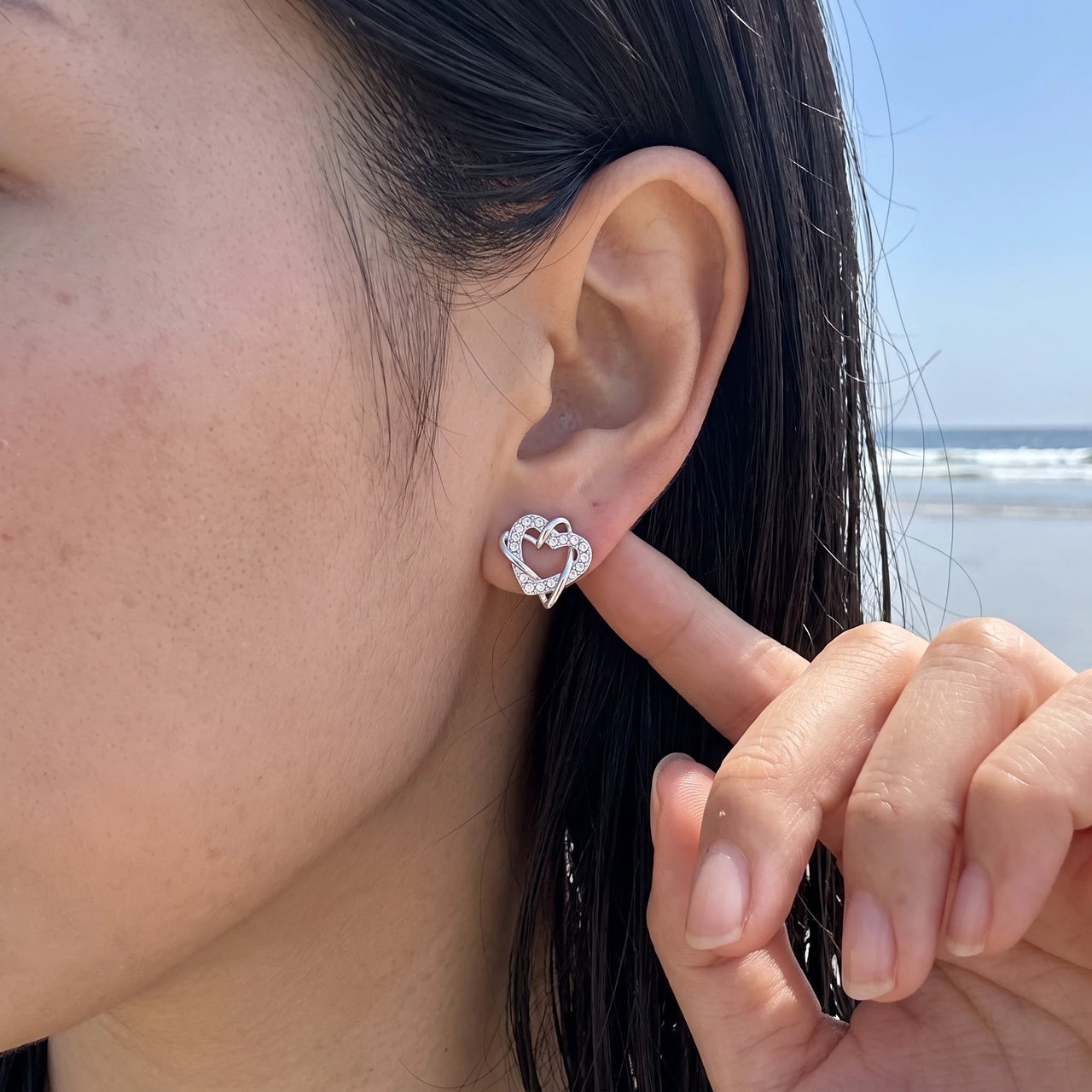 Silver heart earrings — worn, real size, silver | SKU: 4478648-platinum-plated-clear
