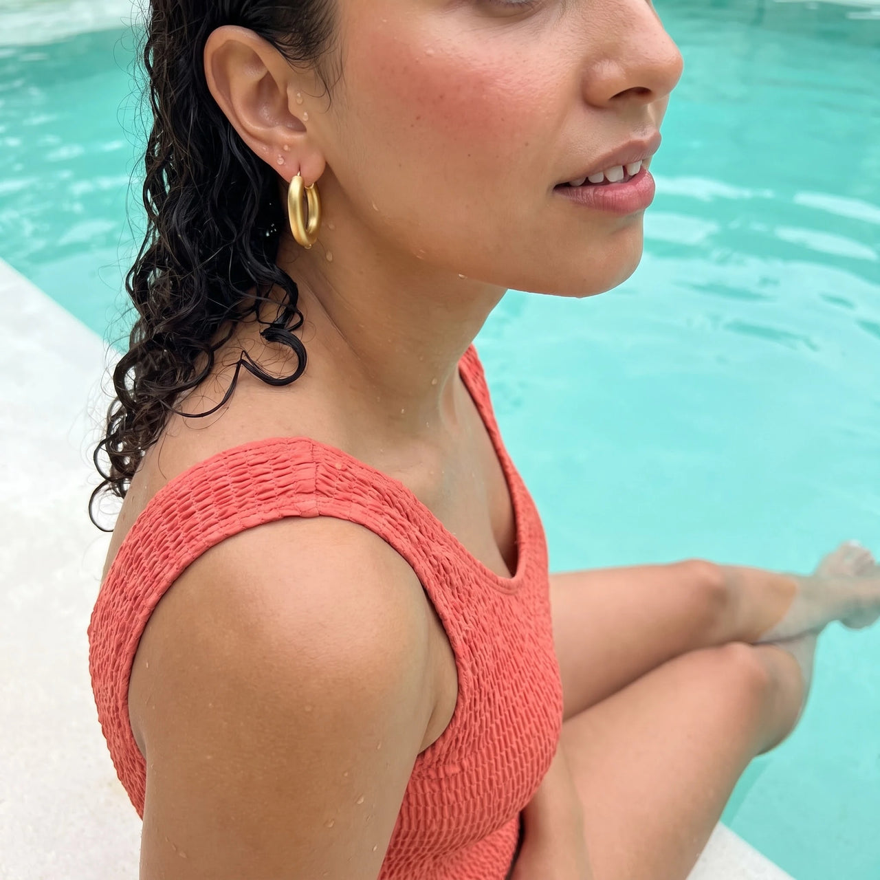 Gold hoop earrings — worn in the water, waterproof, gold | SKU: lesmates