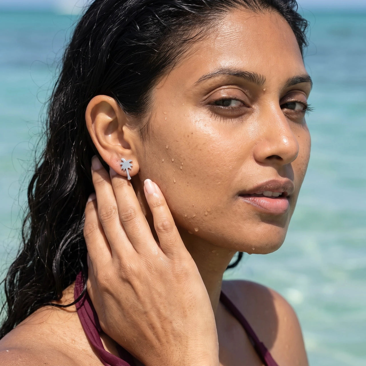 Palm tree earrings — worn in the water, waterproof, silver | SKU: 10287609-silver-plated