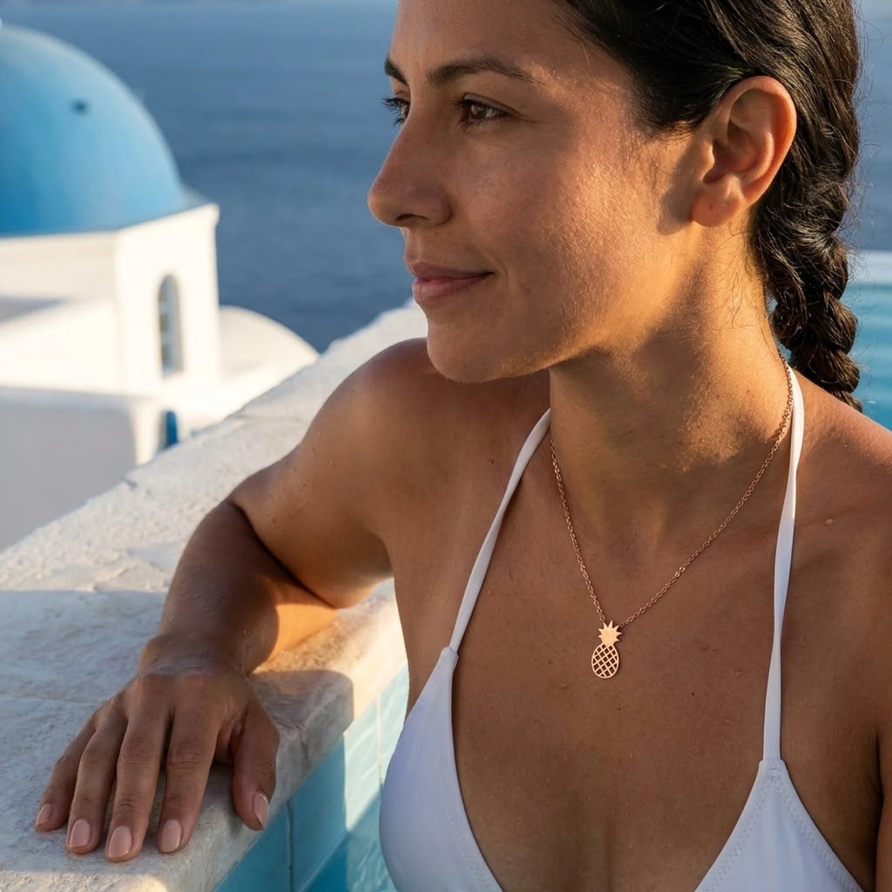 Rose gold necklace worn by an infinity pool in Santorini | SKU: 8050907-rose-gold