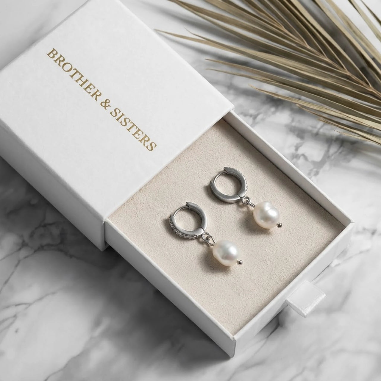 Pearl Drop Huggie Hoops in Silver, in the gift box | SKU: 41003-silver