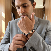 Thumbnail for Rose Gold Lion & Black Stones Bracelet – worn with a shirt cuff | Brother & Sisters | SKU: 20712286-rose-gold-XS-14-15, 20712286-rose-gold-S-16-17, 20712286-rose-gold-M-18-19, 20712286-rose-gold-L-20-21, 20712286-rose-gold-XL-22-23