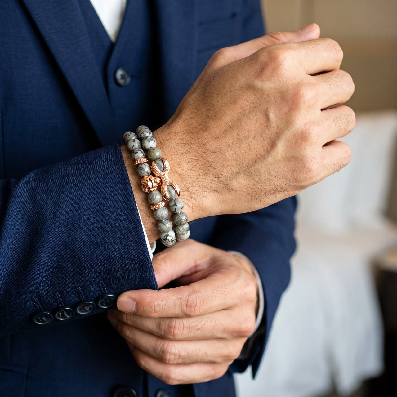 Rose Gold Lion & Grey Stones Set – worn with a shirt cuff | Brother & Sisters | SKU: 21039839SET-rose-gold-XS-14-15, 21039839SET-rose-gold-S-16-17, 21039839SET-rose-gold-M-18-19, 21039839SET-rose-gold-L-20-21, 21039839SET-rose-gold-XL-22-23