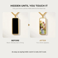 Thumbnail for Before and after: black gold bar pendant, then the photo revealed by warmth | SKU: TPH-BARN-GOLD