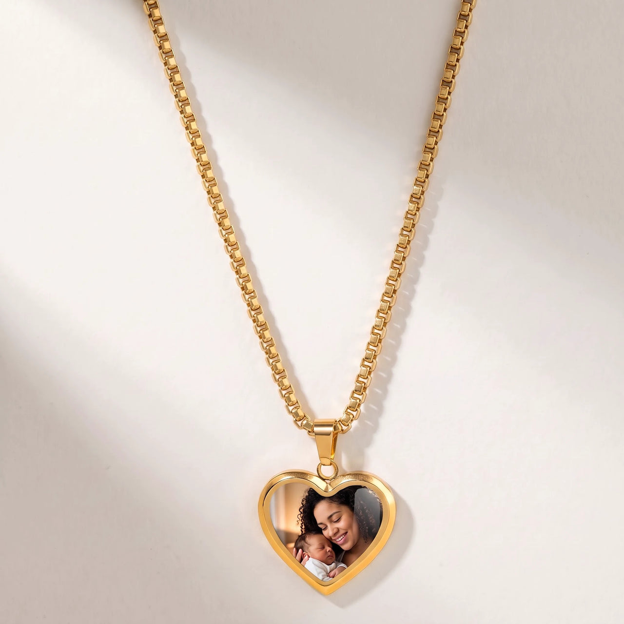 Secret Classic Heart Photo Necklace in gold, heart pendant on a box chain showing the hidden photo | SKU: TPH-CHTN-GOLD-SMALL