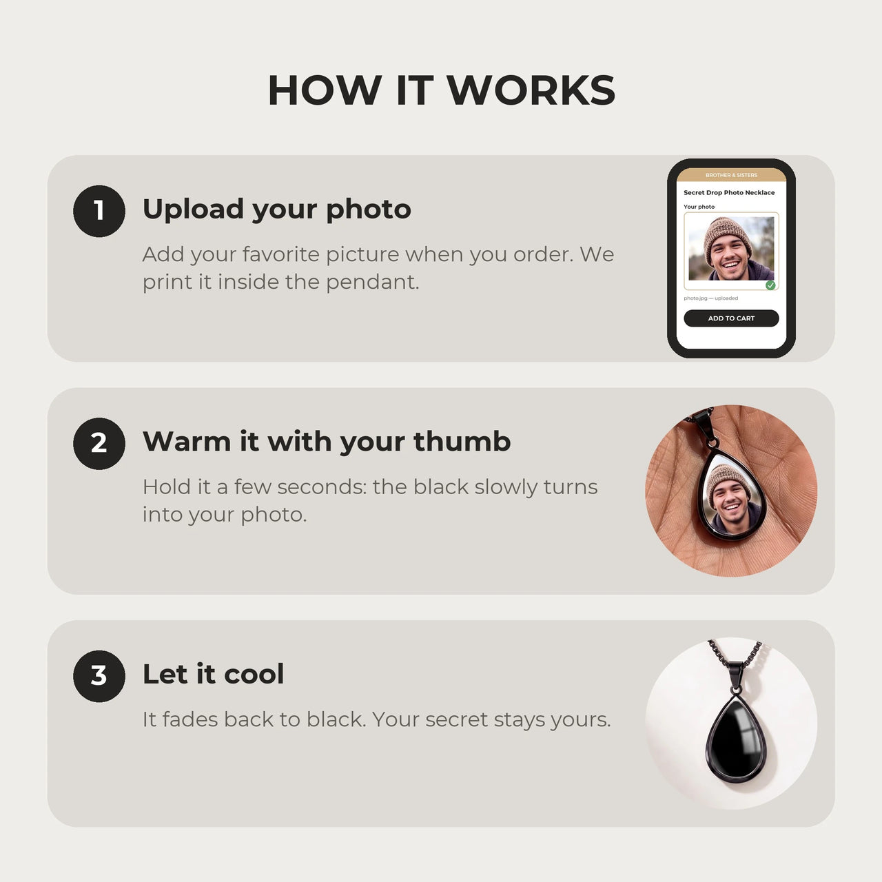 How it works: upload your photo, warm the pendant with your thumb, let it cool back to black | SKU: TPH-DRPN-BLACK