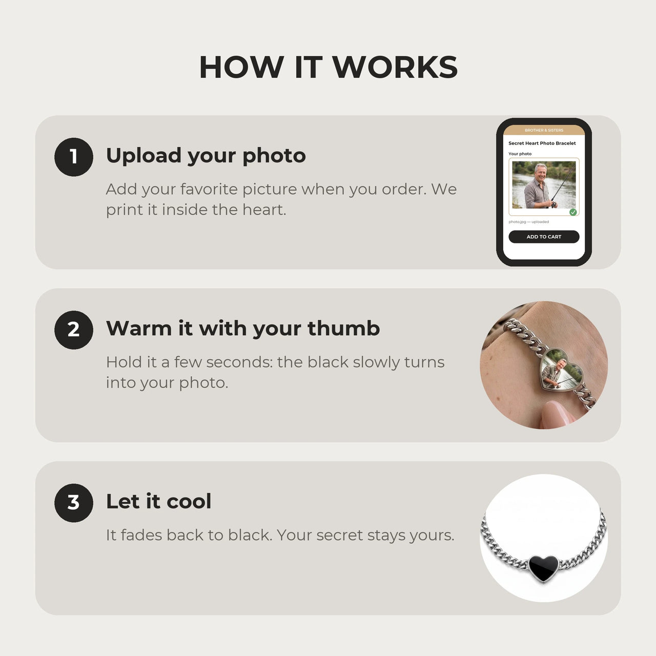 How it works: upload your photo, warm the heart charm with your thumb, let it cool back to black | SKU: TPH-HRTB-SILVER