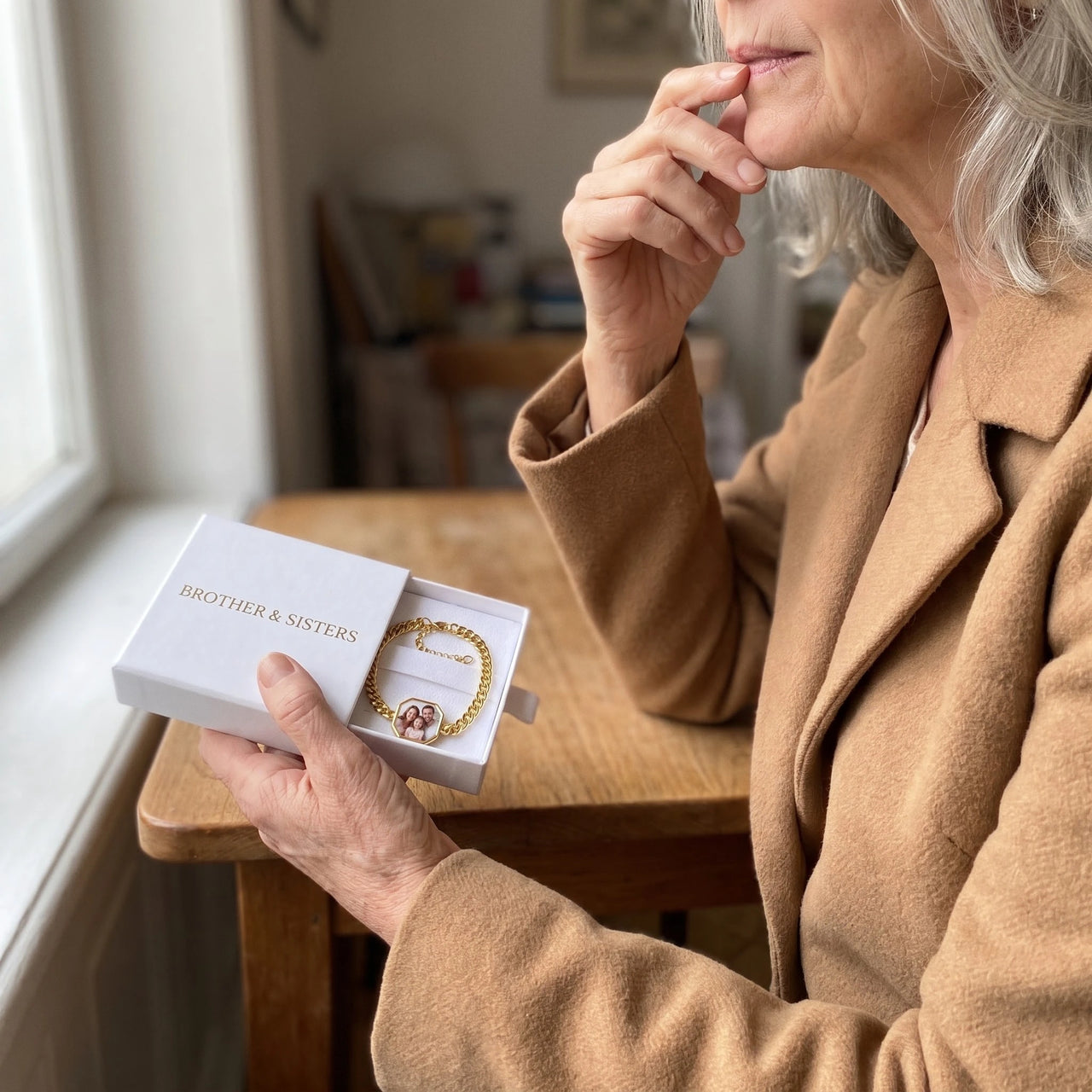 The gold octagon photo bracelet in the Brother & Sisters gift box | SKU: TPH-OCTB-GOLD-18