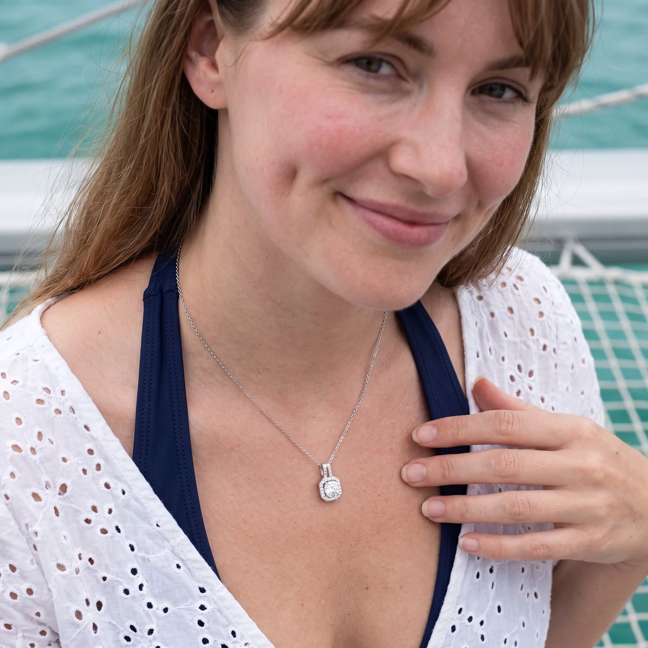 Woman relaxing on holiday wearing the silver necklace | SKU: 505762