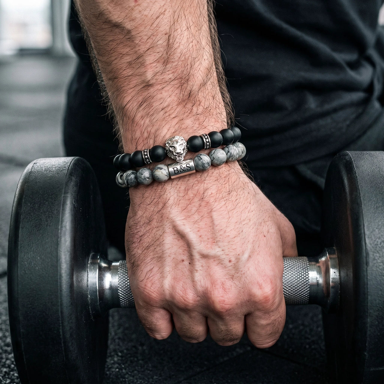 White Gold Lion with Black & Grey Stones Set – gripping a dumbbell | Brother & Sisters | SKU: 21369621-silver-XS-14-15, 21369621-silver-S-16-17, 21369621-silver-M-18-19, 21369621-silver-L-20-21, 21369621-silver-XL-22-23